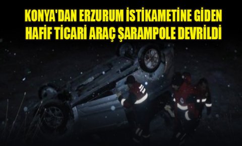 Konyadan Erzurum istikametine giden hafif ticari araç karlı yolda şarampole devrildi