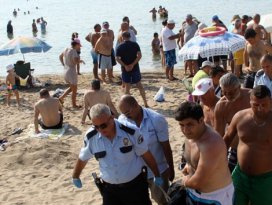 Plajdakiler kıyıdaki cesede aldırmaksızın yüzdü